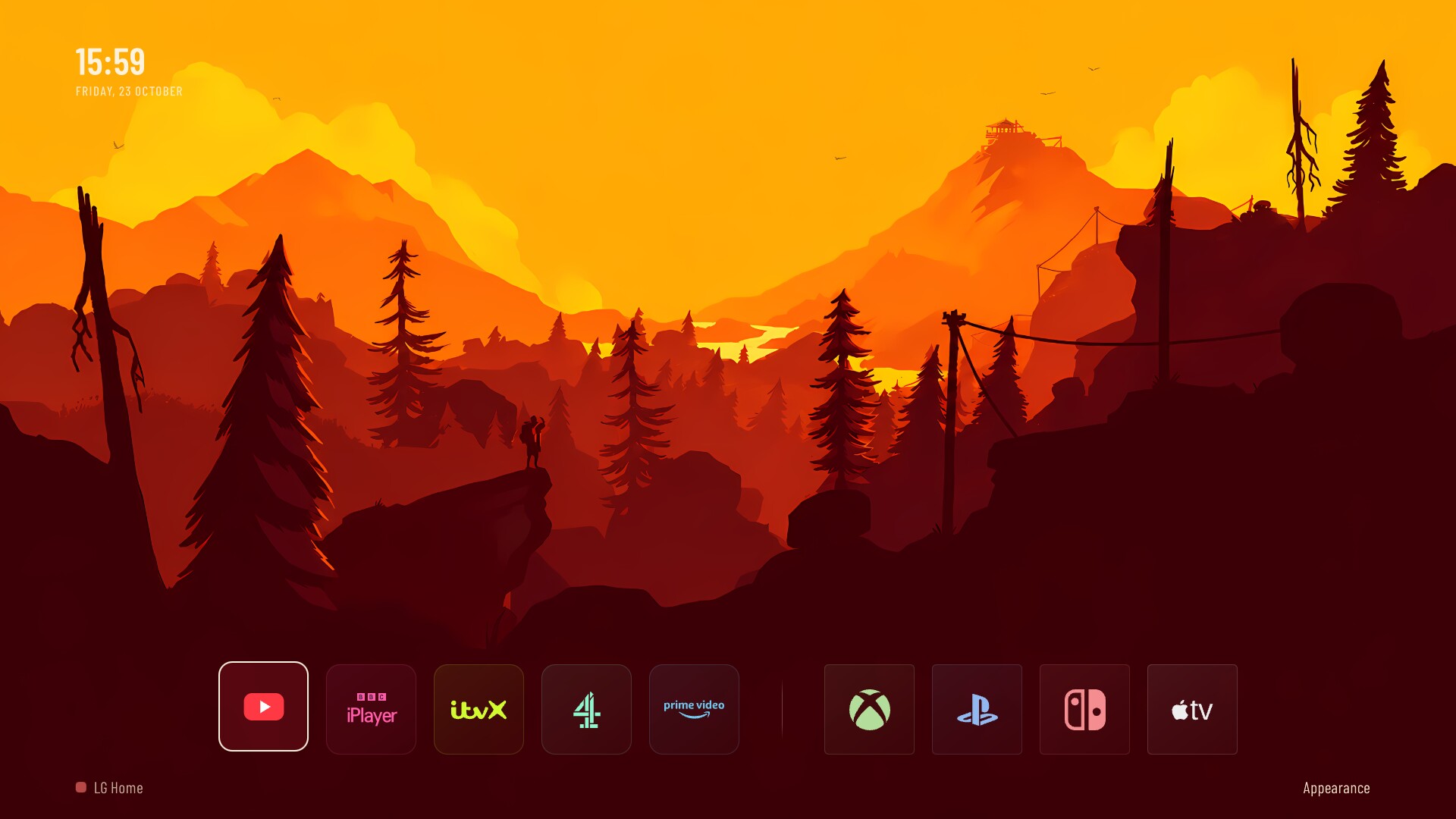 Firewatch Home on an LG TV: Valley Evening, with clock, app logos and HDMI shortcuts